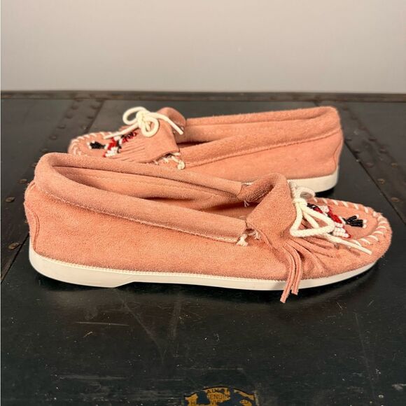 Minnetonka Moccasin Women Pink Suede Leather Beaded Thunderbird Slip On Size 6.5 - Picture 5 of 5